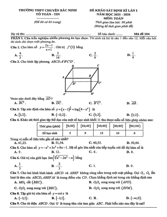 đề khảo sát lần 1 toán 12 năm 2025 – 2026 trường thpt chuyên bắc ninh