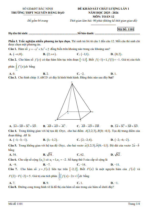 đề khảo sát lần 1 toán 12 năm 2025 – 2026 trường thpt nguyễn đăng đạo – bắc ninh