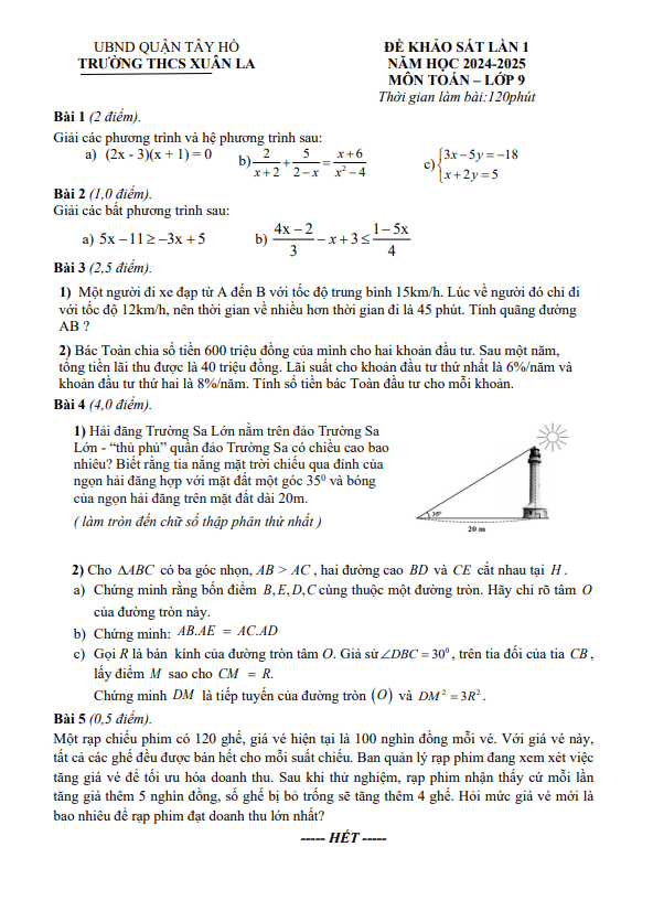 đề khảo sát lần 1 toán 9 năm 2024 – 2025 trường thcs xuân la – hà nội