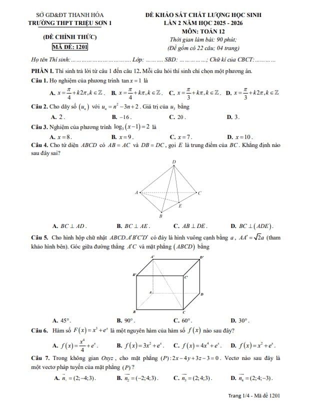 đề khảo sát lần 2 toán 12 năm 2025 – 2026 trường thpt triệu sơn 1 – thanh hóa