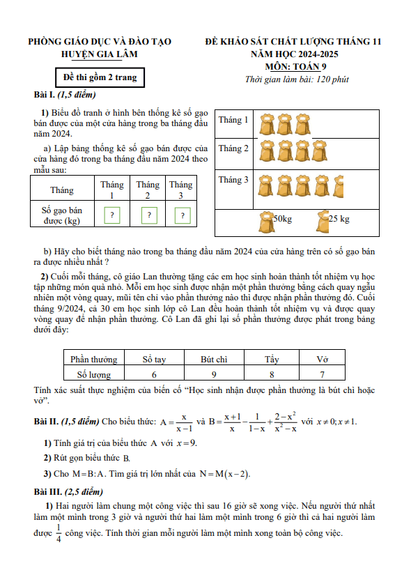 đề khảo sát tháng 11 toán 9 năm 2024 – 2025 phòng gd&đt gia lâm – hà nội