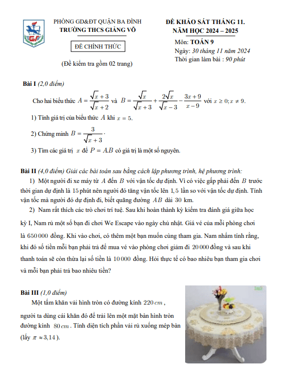 đề khảo sát tháng 11 toán 9 năm 2024 – 2025 trường thcs giảng võ – hà nội