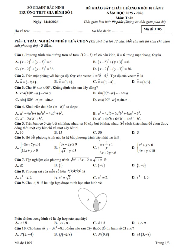 Tài liệu đề khảo sát toán 10 tháng 4 năm 2026 trường thpt gia bình 1 – bắc ninh
