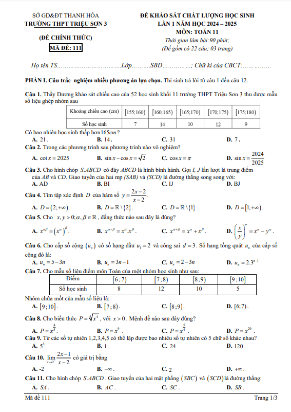 đề khảo sát toán 11 lần 1 năm 2024 – 2025 trường thpt triệu sơn 3 – thanh hóa
