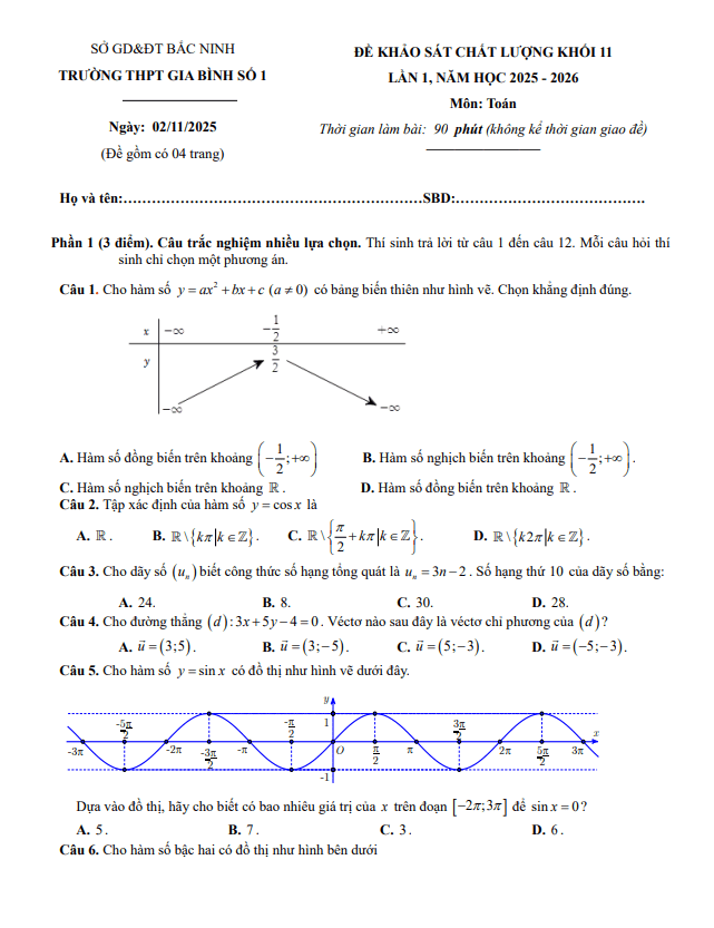 đề khảo sát toán 11 lần 1 năm 2025 – 2026 trường thpt gia bình 1 – bắc ninh