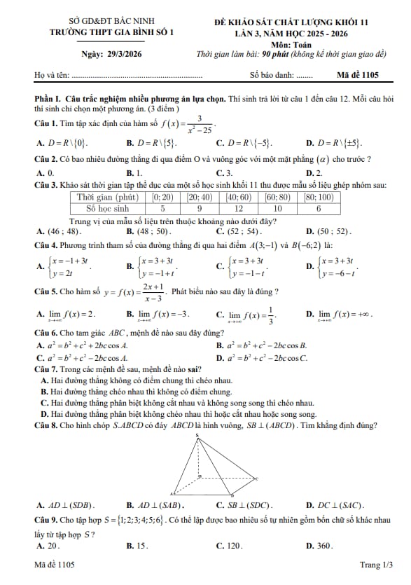 đề khảo sát toán 11 lần 3 năm 2025 – 2026 trường thpt gia bình 1 – bắc ninh