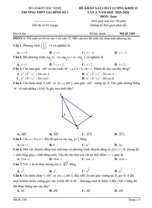 Tài liệu đề khảo sát toán 11 tháng 4 năm 2026 trường thpt gia bình 1 – bắc ninh