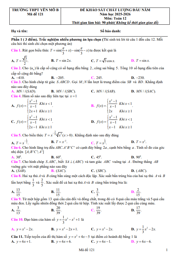 đề khảo sát toán 12 đầu năm 2025 – 2026 trường thpt yên mô b – ninh bình