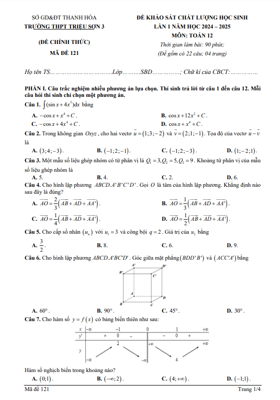 đề khảo sát toán 12 lần 1 năm 2024 – 2025 trường thpt triệu sơn 3 – thanh hóa