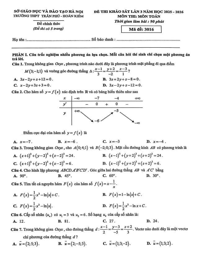 đề khảo sát toán 12 lần 3 năm 2025 – 2026 trường thpt trần phú – hà nội