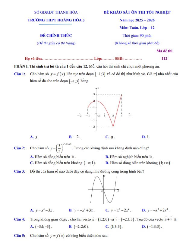 đề khảo sát toán 12 ôn thi tn thpt 2026 trường thpt hoằng hóa 3 – thanh hóa