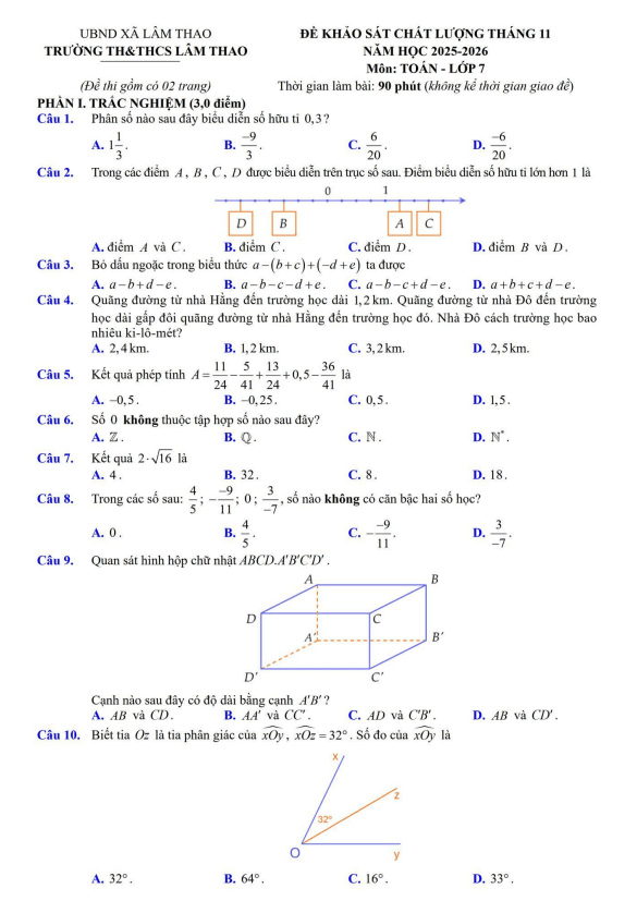đề khảo sát toán 7 tháng 11 năm 2025 trường th&thcs lâm thao – bắc ninh