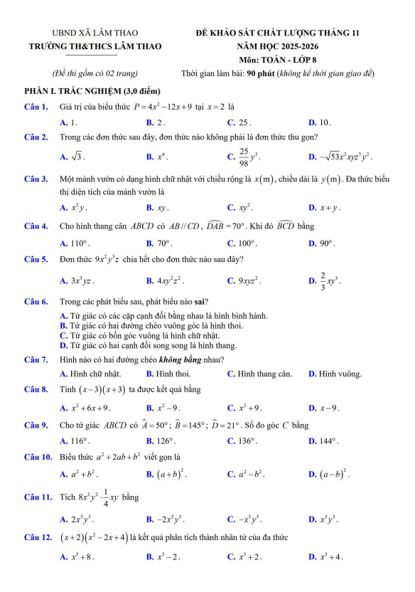 đề khảo sát toán 8 tháng 11 năm 2025 trường th&thcs lâm thao – bắc ninh