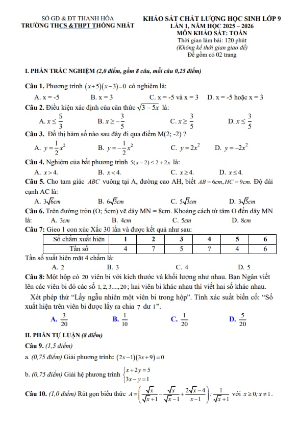 đề khảo sát toán 9 lần 1 năm 2025 – 2026 trường thống nhất – thanh hóa