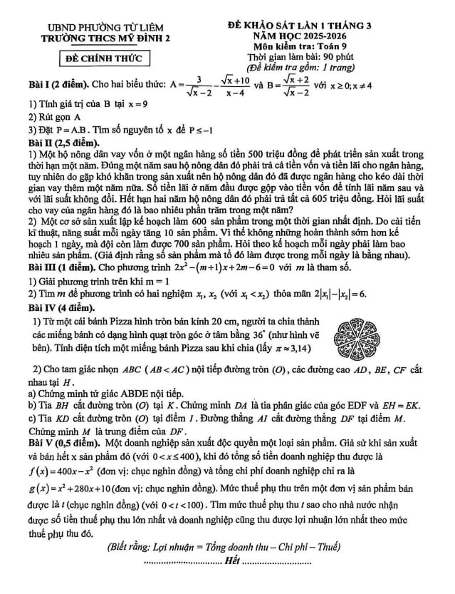 đề khảo sát toán 9 lần 1 tháng 3 năm 2026 trường thcs mỹ đình 2 – hà nội