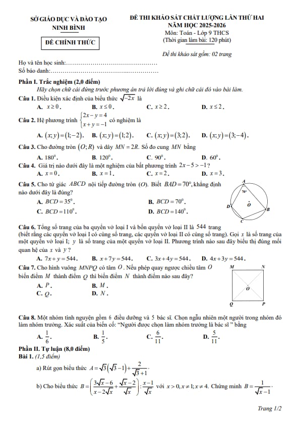 đề khảo sát toán 9 lần 2 năm 2025 – 2026 sở gd&đt ninh bình
