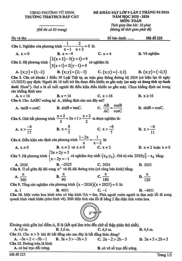 đề khảo sát toán 9 lần 2 năm 2025 – 2026 trường th&thcs đáp cầu – bắc ninh