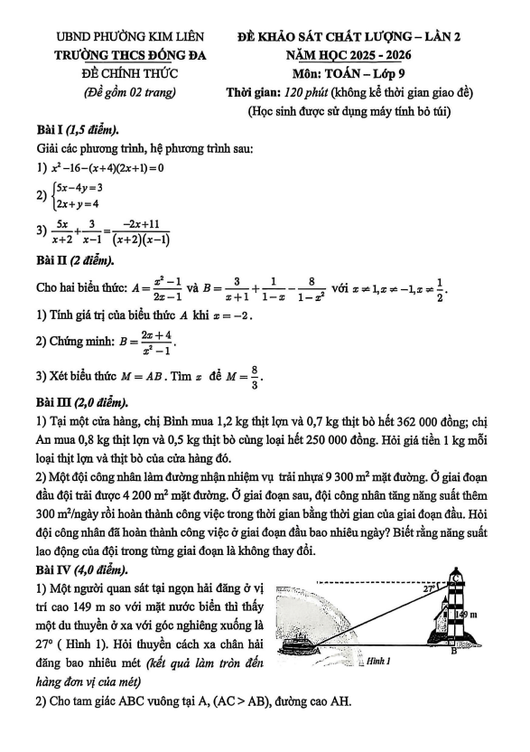 đề khảo sát toán 9 lần 2 năm 2025 – 2026 trường thcs đống đa – hà nội