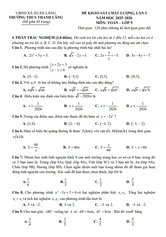 đề khảo sát toán 9 lần 3 năm 2025 – 2026 trường thcs thanh lãng – phú thọ