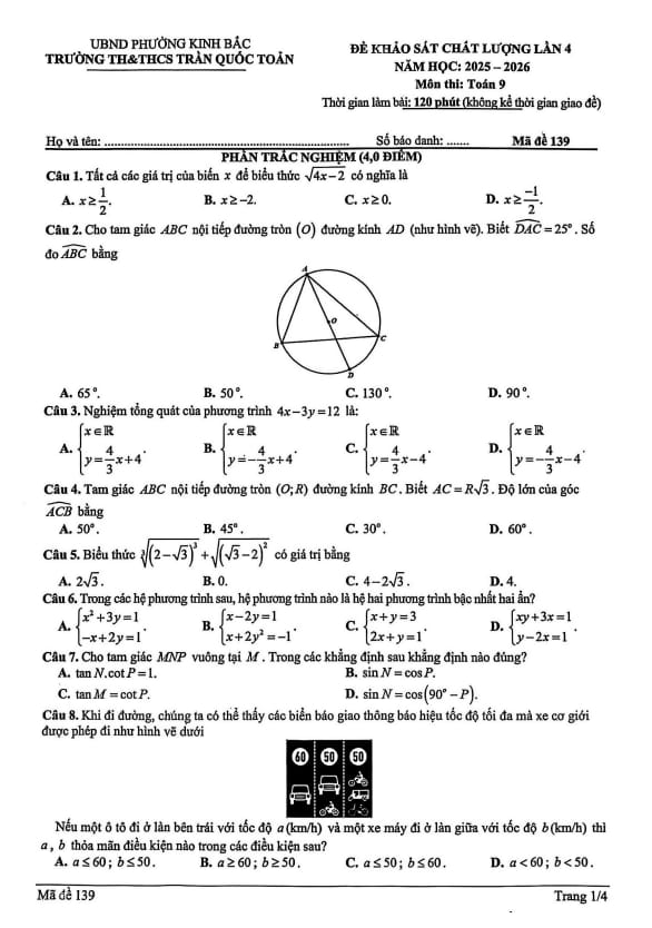 đề khảo sát toán 9 lần 4 năm 2025 – 2026 trường th&thcs trần quốc toản – bắc ninh