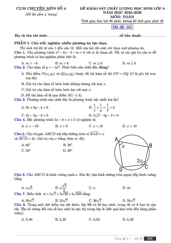đề khảo sát toán 9 năm 2025 – 2026 cụm chuyên môn số 4 – hải phòng