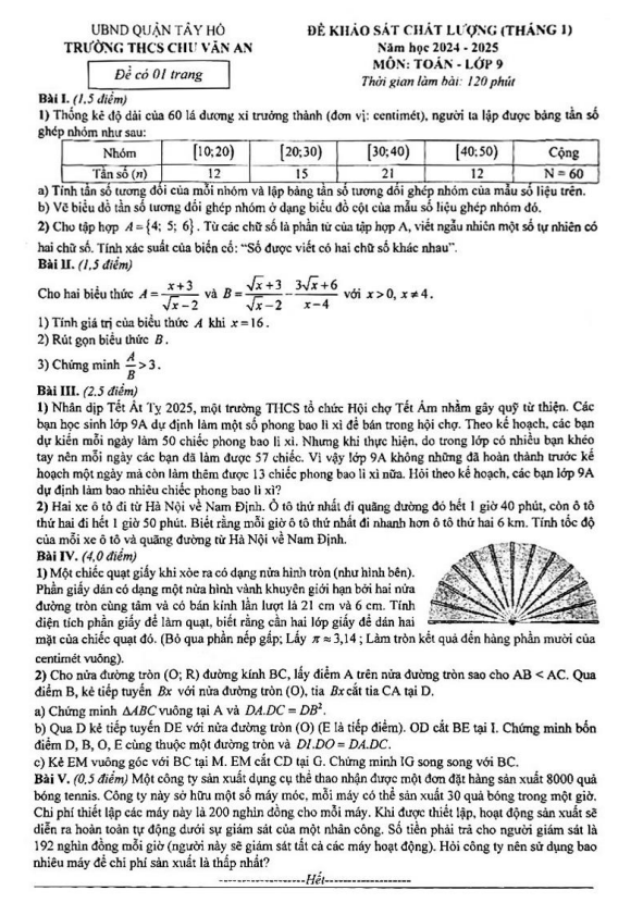 đề khảo sát toán 9 tháng 01 năm 2025 trường thcs chu văn an – hà nội