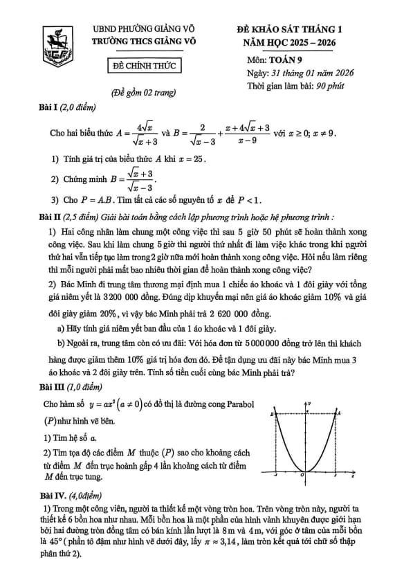 đề khảo sát toán 9 tháng 1 năm 2026 trường thcs giảng võ – hà nội