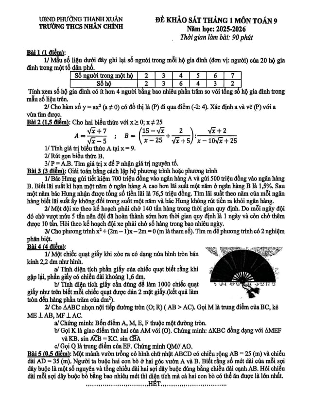 đề khảo sát toán 9 tháng 1 năm 2026 trường thcs nhân chính – hà nội