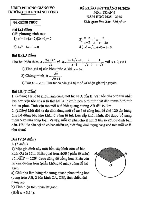 Tài liệu đề khảo sát toán 9 tháng 1 năm 2026 trường thcs thành công – hà nội