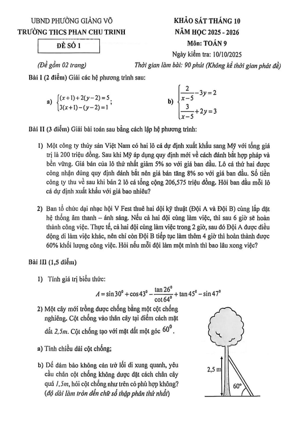 đề khảo sát toán 9 tháng 10 năm 2025 trường thcs phan chu trinh – hà nội