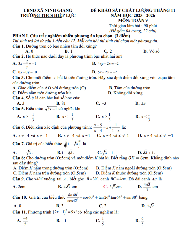 đề khảo sát toán 9 tháng 11 năm 2025 trường thcs hiệp lực – hải phòng