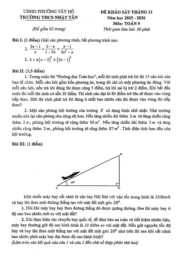 đề khảo sát toán 9 tháng 11 năm 2025 trường thcs nhật tân – hà nội