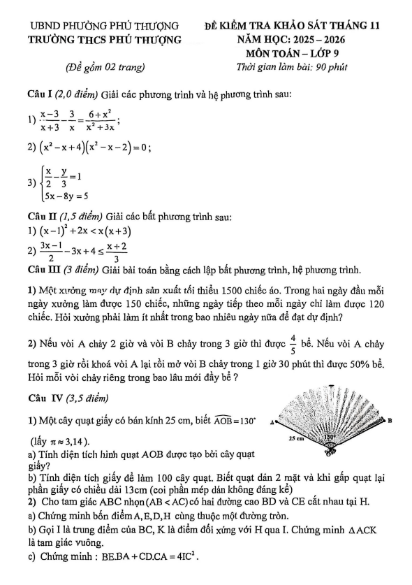đề khảo sát toán 9 tháng 11 năm 2025 trường thcs phú thượng – hà nội