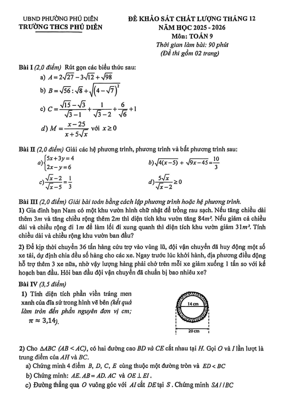 đề khảo sát toán 9 tháng 12 năm 2025 trường thcs phú diễn – hà nội