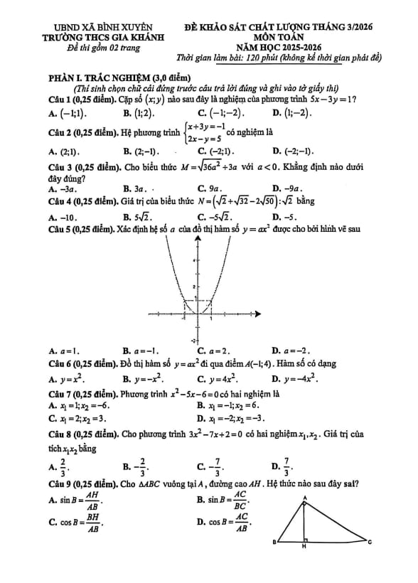 đề khảo sát toán 9 tháng 3 năm 2026 trường thcs gia khánh – phú thọ