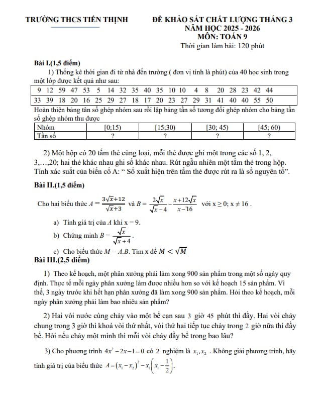 đề khảo sát toán 9 tháng 3 năm 2026 trường thcs tiến thịnh – hà nội