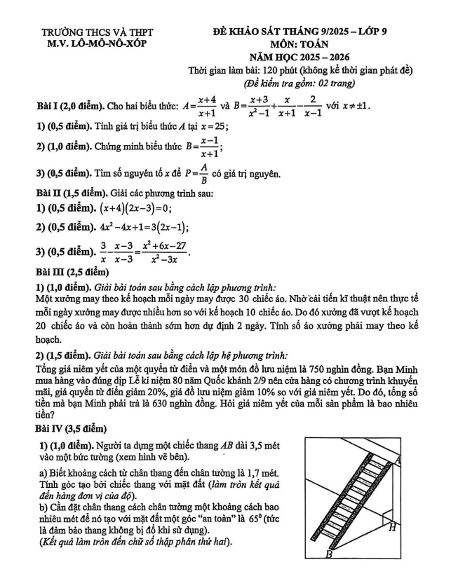 đề khảo sát toán 9 tháng 9 năm 2025 trường m.v. lômônôxốp – hà nội