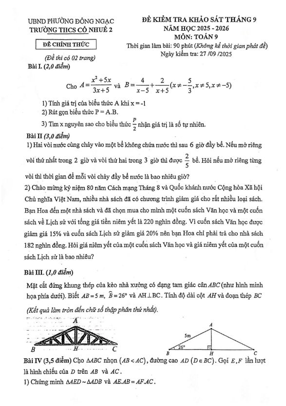 đề khảo sát toán 9 tháng 9 năm 2025 trường thcs cổ nhuế 2 – hà nội