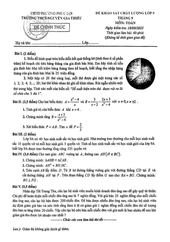đề khảo sát toán 9 tháng 9 năm 2025 trường thcs nguyễn gia thiều – hà nội