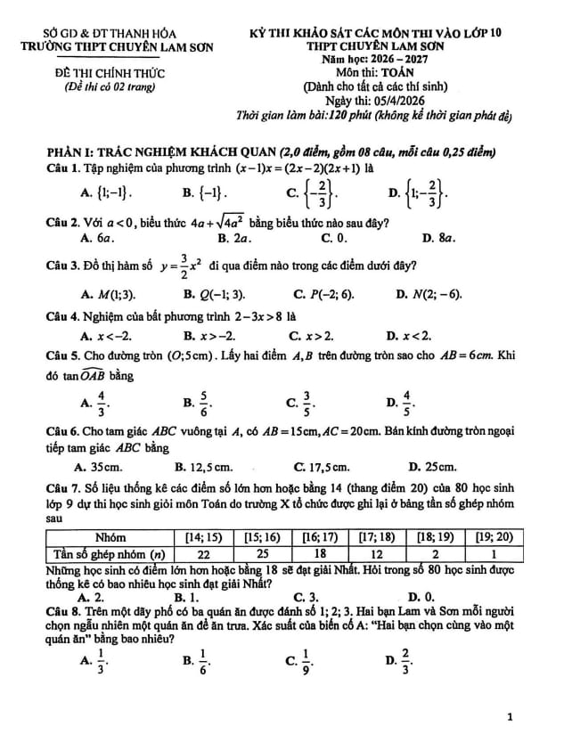 đề khảo sát toán thi vào lớp 10 năm 2026 – 2027 trường chuyên lam sơn – thanh hóa