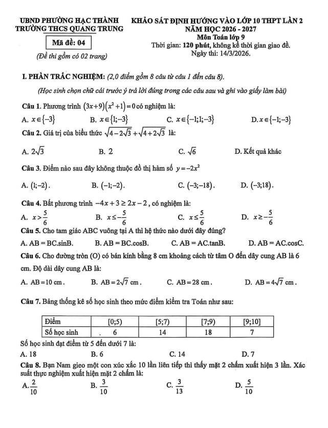 đề khảo sát toán vào 10 lần 2 năm 2026 – 2027 trường thcs quang trung – thanh hóa