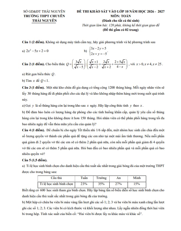 đề khảo sát vào lớp 10 môn toán (chung) năm 2026 – 2027 trường thpt chuyên thái nguyên