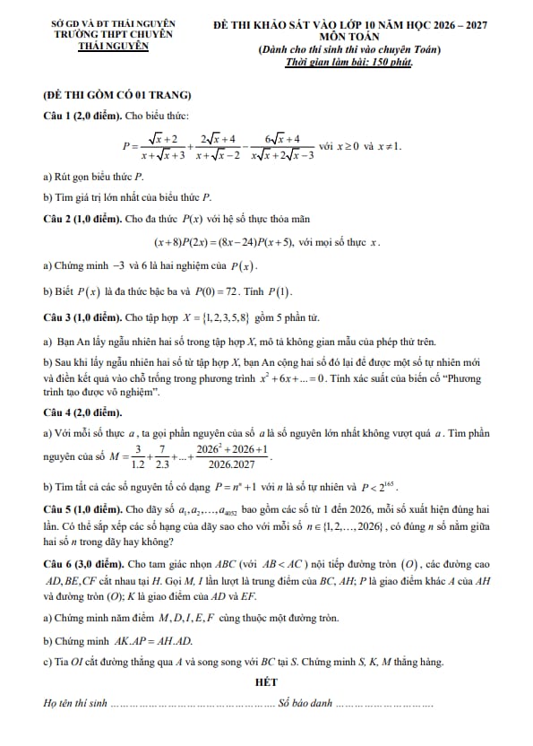 đề khảo sát vào lớp 10 môn toán (chuyên) năm 2026 – 2027 trường thpt chuyên thái nguyên