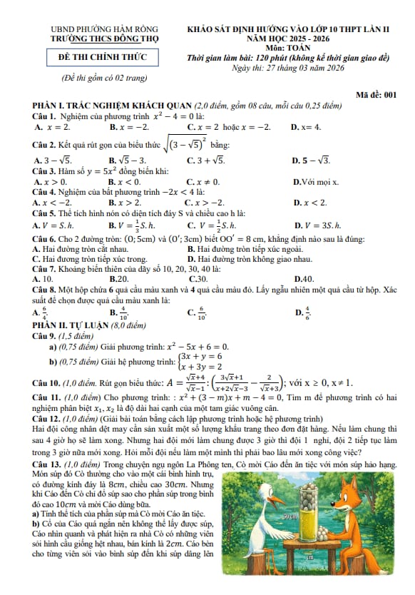 đề khảo sát vào lớp 10 môn toán lần 2 năm 2026 trường thcs đông thọ – thanh hóa