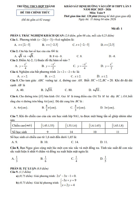 đề khảo sát vào lớp 10 môn toán lần 5 năm 2026 trường thcs hợp thành – thanh hóa