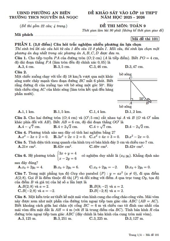 đề khảo sát vào lớp 10 môn toán năm 2026 trường thcs nguyễn bá ngọc – hải phòng