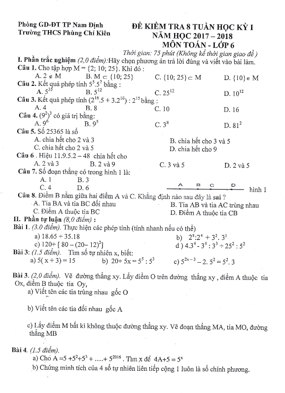 đề kiểm tra 8 tuần hki năm học 2017 – 2018 môn toán 6 trường thcs phùng chí kiên – nam định