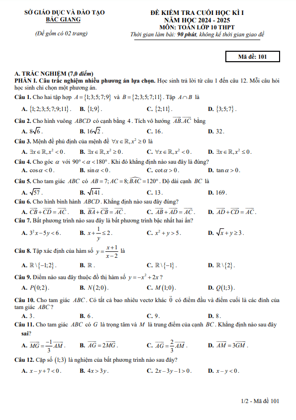 đề kiểm tra cuối học kì 1 toán 10 năm 2024 – 2025 sở gd&đt bắc giang