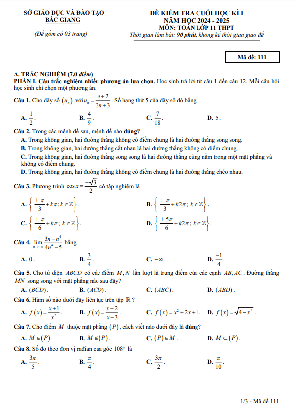 đề kiểm tra cuối học kì 1 toán 11 năm 2024 – 2025 sở gd&đt bắc giang