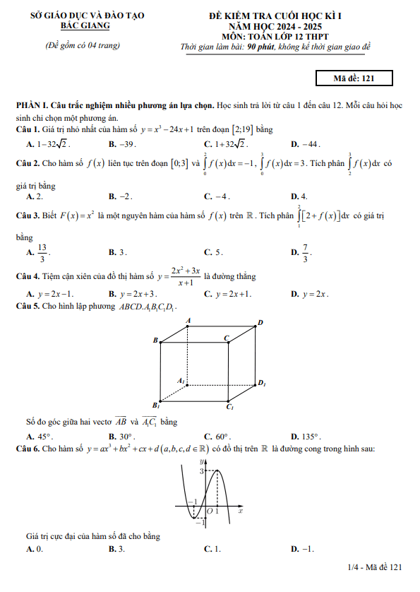 đề kiểm tra cuối học kì 1 toán 12 năm 2024 – 2025 sở gd&đt bắc giang